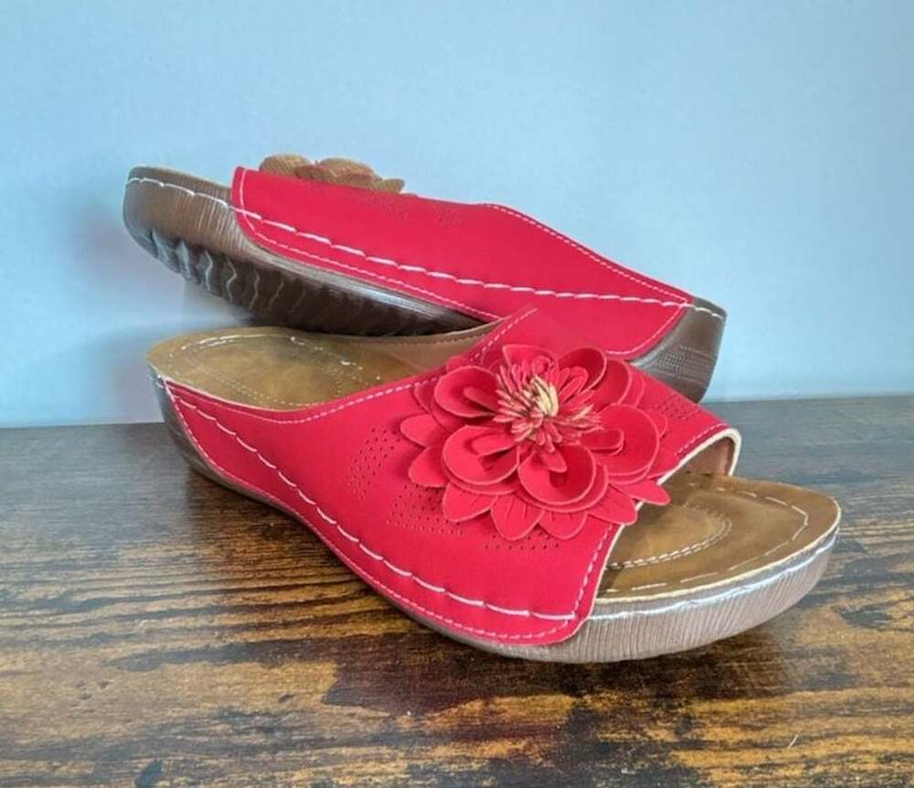 Women's Orthopedic Wedge Sandals with Flower and Arch Support - Red Open Toe Pla